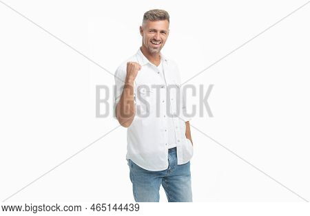 Shouting Mature Grizzled Guy Isolated On White Background. Grizzled Guy In White Shirt.