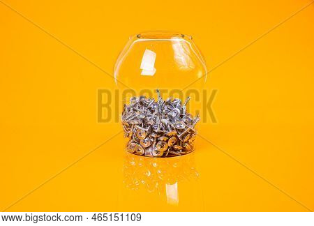 Many Metal Self-tapping Screws Made Of Steel In A Glass, In Bucket Jar. Self-tapping Screw For Metal