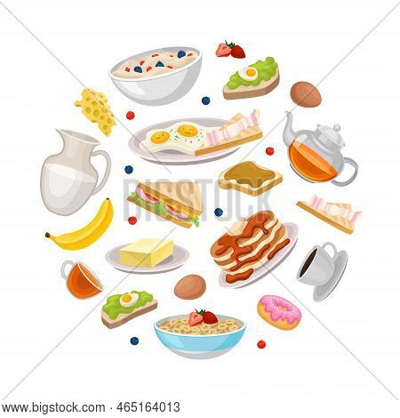 Breakfast Dishes Of Circular Shape. Sandwich, Fried Eggs, Bacon, Pancakes, Coffee And Tea Cups Carto