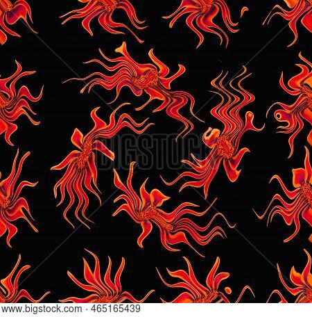 Abstract Seamless Pattern, Wriggling Fantastic Flowers On A Black Background, Unusual Unique Origina
