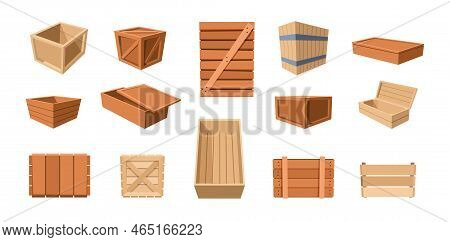 Wooden Boxes. Packed Empty Shipping Drawers And Crates, Cargo Warehouse Pallets For Fruit Vegetable 