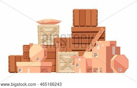 Stacked Wooden Boxes. Pile Storage Of Sealed Cardboard Containers And Crates Cartoon Style, Logistic