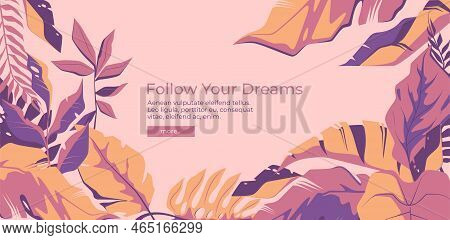 Exotic Botanical Background. Abstract Tropical Foliage Wallpaper With Jungle Flowers And Leaves, Car