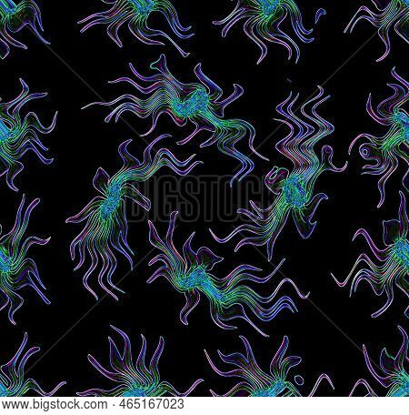 Abstract Seamless Pattern, Wriggling Blue Fantastic Flowers On A Black Background, Unusual Unique Or