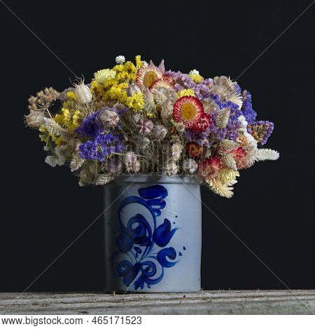 Bouquet Beautiful Dried Flowers In A Vintage Vase