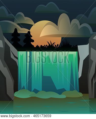 Waterfall In Rocks. Moonlight Night. Landscape With Rocks And River Among Stones. Water Is Flowing. 
