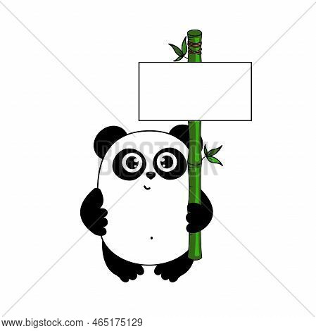 Cute Cartoon Panda  With Green Banner. Funny Character For Your Design. Green Energy Concept. Panda