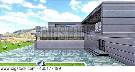 Beautiful Elite House In The Mountains. The Blind Area Is Paved With Grey Syone Slabs. Facade Made O
