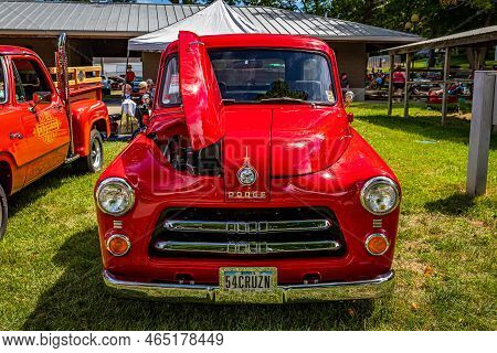 Des Moines, Ia - July 02, 2022: High Perspective Front View Of A 1954 Dodge C1 B6 Pickup Truck At A 
