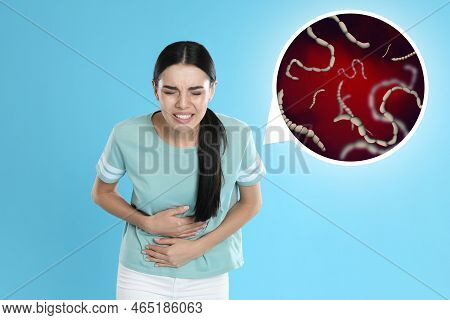 Parasites Under Microscope And Woman Suffering From Helminthiasis