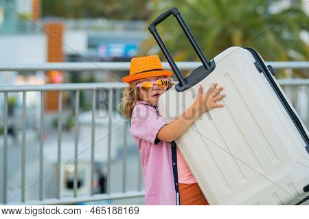 Child With Suitcase Going On Vacation. Tourist Boy On Holiday, Travel Kids Concept. Kids Travel And 