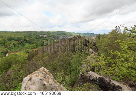 Panorama View Of Town Blankenburg With Blankenburg Castle Seen From Teufelsmauer In Harz Mountains, 