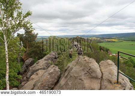 Panorama View Of Hiking Path On Rock Formation Teufelsmauer In Harz Mountains, Germany