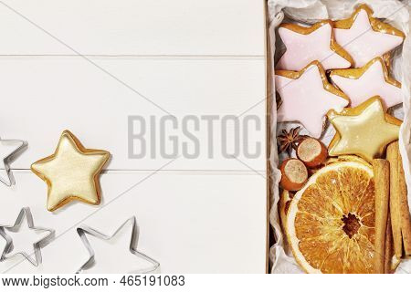 Gifts Box With Home Made Cookies, Dry Fruits, Nuts And Cinnamon Stiks