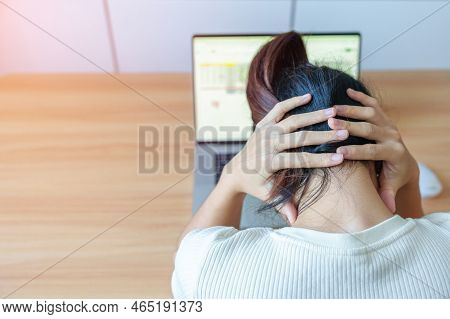 Woman Having Neck And Shoulder Pain During Work Long Time On Workplace. Due To Fibromyalgia, Rheumat