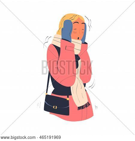 Young Woman Freezing And Shivering Wearing Warm Clothes, Scarf And Mittens Cartoon Vector Illustrati
