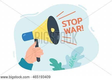Hand Holding Megaphone In Colors Of Ukrainian Flag. Person Announcing Loud Message Stop War Flat Vec