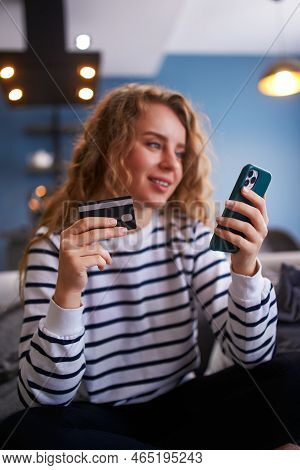 Happy Woman Makes Purchase, Payment In Fintech App On Phone. Shopper Girl Uses Mobile Banking App, C