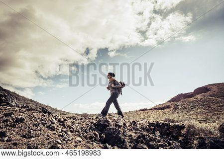 Young Active People Caucasian Blonde Woman In Trekking Outdoor Leisure Activity Lifestyle In The Ari