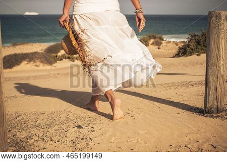 Warm Summer Holiday Vacation Travel In Beach Paradise Resort Concept With Beautiful Elegant Woman Vi