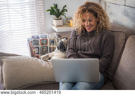 Cheerful And Nice Couple With People And Animal - Beautiful Culry Adult Woman With Funny Dog Pug At 