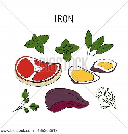 Iron-containing Food. Groups Of Healthy Products Containing Vitamins And Minerals. Set Of Fruits, Ve