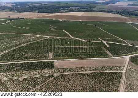 Aerial View On Chablis Grand Cru Appellation Vineyards With Grapes Growing On Limestone And Marl Soi