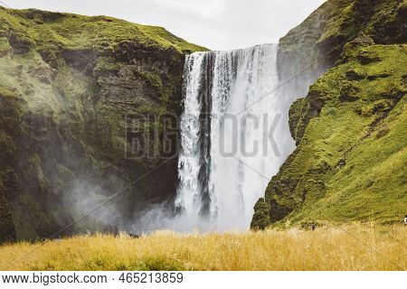 Famous Skogafoss Waterfall, Iceland, Europe - No Tourists In Autumn