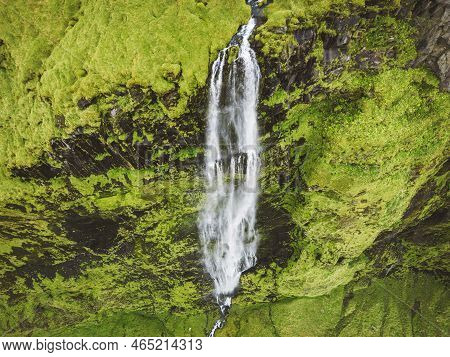 Aerial Drone View Of A Waterfall In Iceland