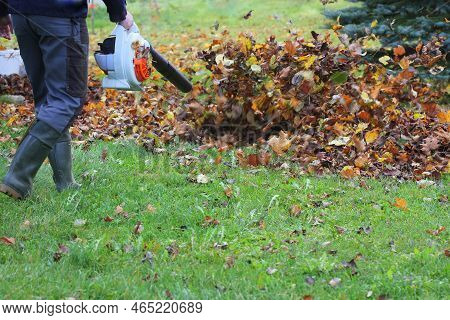 Worker Cleaning Falling Leaves In Autumn Park. Man Using Leaf Blower For Cleaning Autumn Leaves. Aut