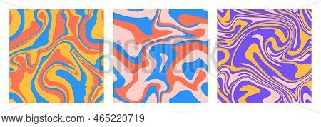 1970 Swirl Seamless Pattern Set. Wavy Psychedelic Trippy Textures. Aesthetic Curvy Strips. Flowing L