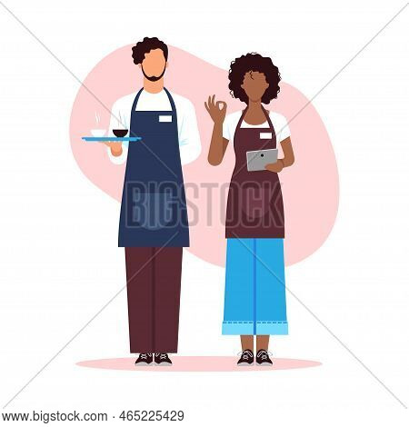 Vector Illustration Of Beautiful Waiters. Cartoon Scene With Man And Girl Waiters Who Meet Visitors 