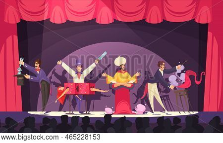 Magicians And Jinn Performing On Circus Stage In Front Of Audience Cartoon Vector Illustration