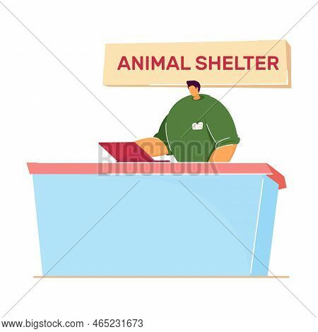 Cartoon Reception In Animal Shelter. Flat Vector Illustration. Volunteer Taking Care About Animals, 