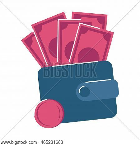 Wallet With Money Cartoon Illustration. Earning Moey, Savings, Expenses And Incomes, Finance Concept