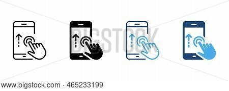 Hand Swipe On Smartphone Line And Silhouette Color Icon Set. Finger Move On Touch Screen In Cellphon