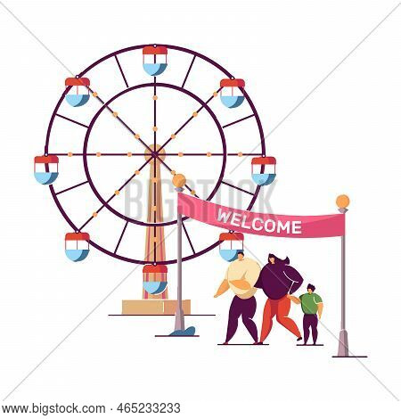 Family Going To Fun Fair Vector Illustration. People Having Fun Together. Entertainment, Theme Park,