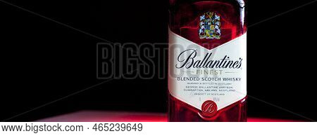 Ballantines Whiskey Bottle With Colorful Lights Background In Bar. Ballantines Concept. Whiskey Conc