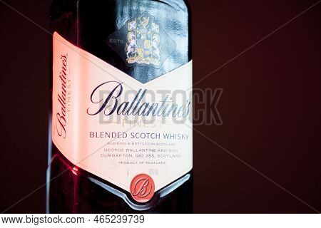 Ballantines Whiskey Bottle With Colorful Lights Background In Bar. Ballantines Concept. Whiskey Conc