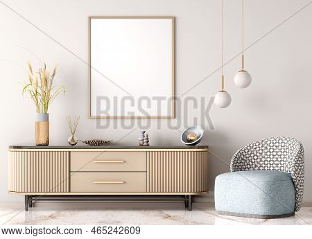 Interior Of Modern Living Room With Beige Sideboard Over White Wall. Contemporary Room With  Dresser
