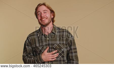 Joyful Man In Checkered Shirt Laughing Out Loud After Hearing Ridiculous Anecdote, Funny Joke, Feeli