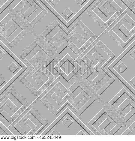 Emboss Greek 3d Seamless Pattern. Embossed Relief White Background. Greek Key Meanders Surface Geome