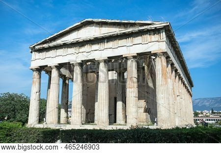 Temple Of Hephaestus In Athens, Greece. Sunny View Of Ancient Greek Ruins In The Athens Center. The 