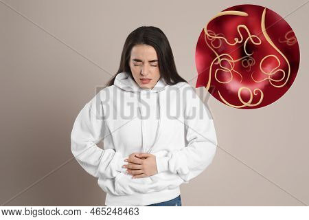 Parasites Under Microscope And Woman Suffering From Helminthiasis
