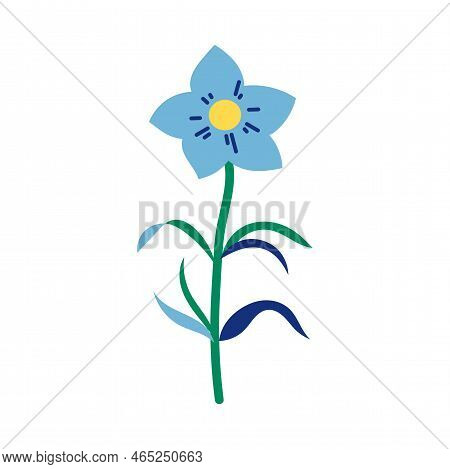 Flower In Light Blue And Yellow Colors With Long Stem. Beautiful Plant On White Background Cartoon I