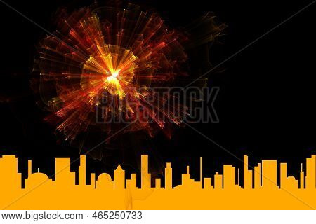 An Orange Cityscape Silhouette Set Against A Black Night Background With Bursting Skyrocket