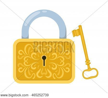 Gold Vintage Lock And Key Set. Vector Illustrations Of Ornate Medieval Closed Padlock With Keyhole A
