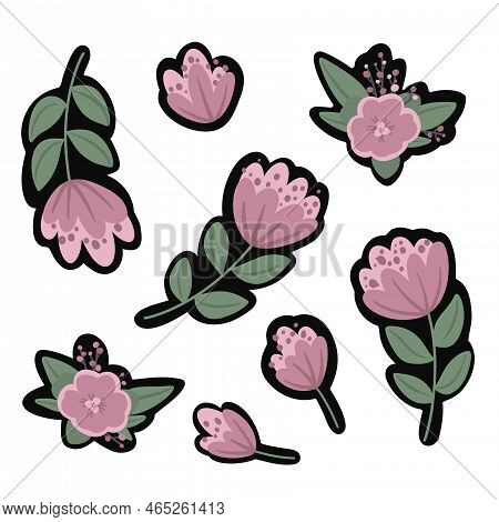 Set Of Stickers With Pink Modern Flowers