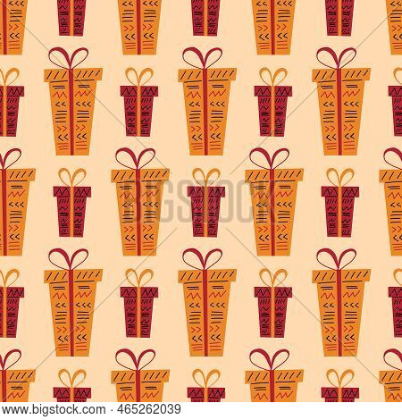 Kwanzaa Seamless Pattern Background In Simple Hand Drawn Style With Gift Boxes Decorated With Ribbon