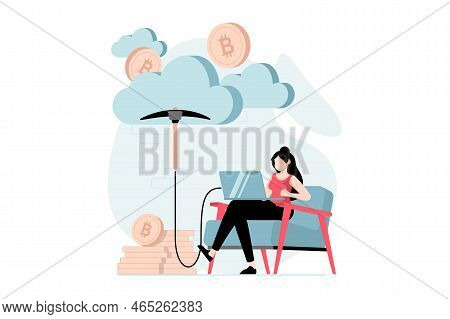 Cryptocurrency Mining Concept With People Scene In Flat Design. Woman Miner Mines Bitcoin And Other 